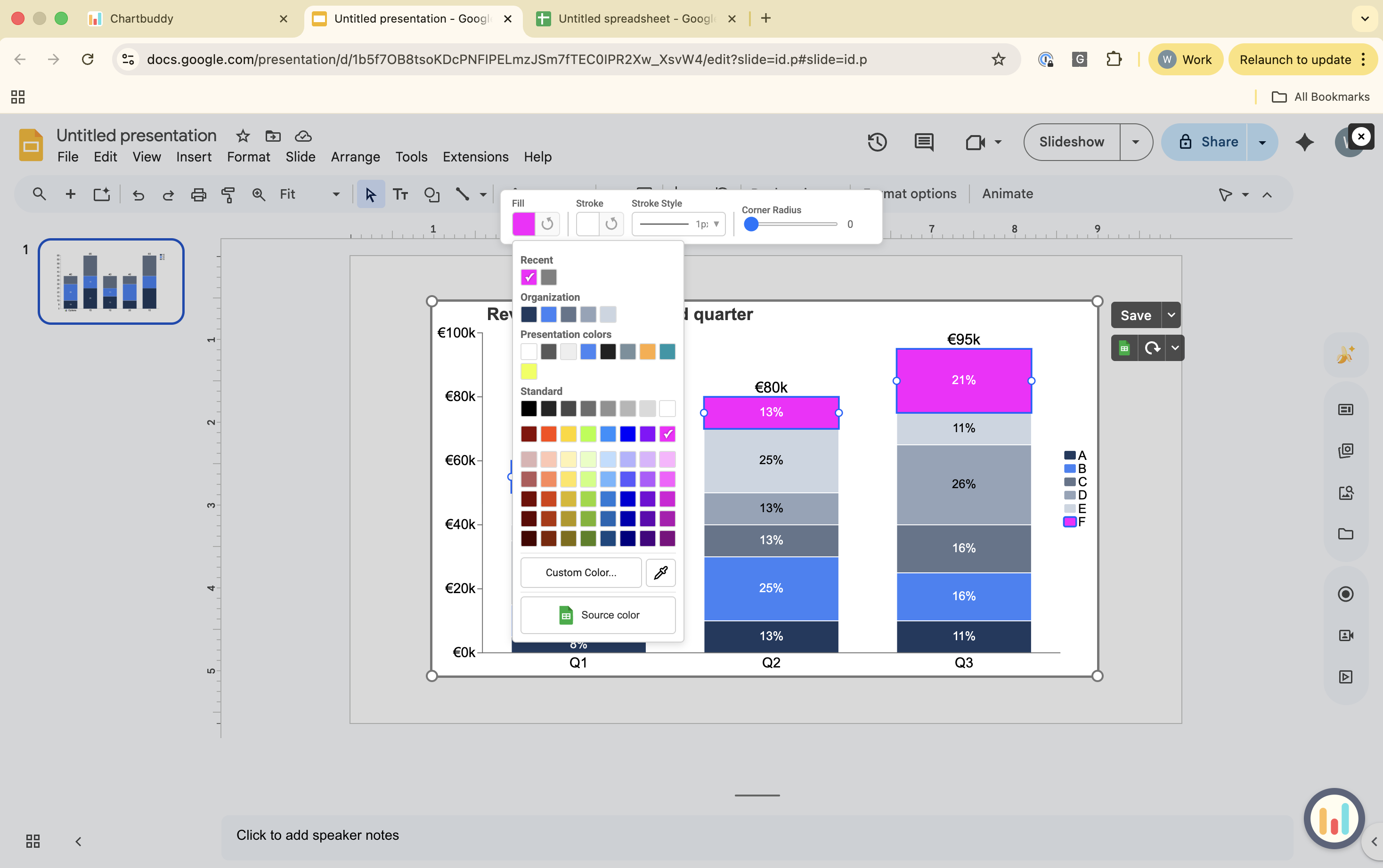 A bar selected with the color settings open, showing presentation native, company standard, palette, and eyedropper options